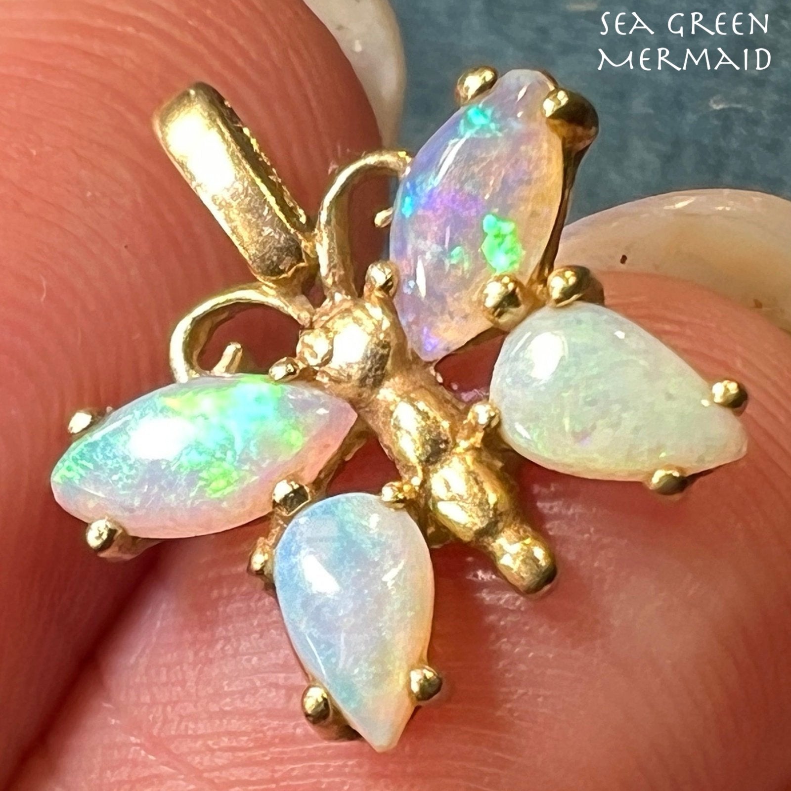 14k Gold Australian Jelly Opal BUTTERFLY Pendant *Video*