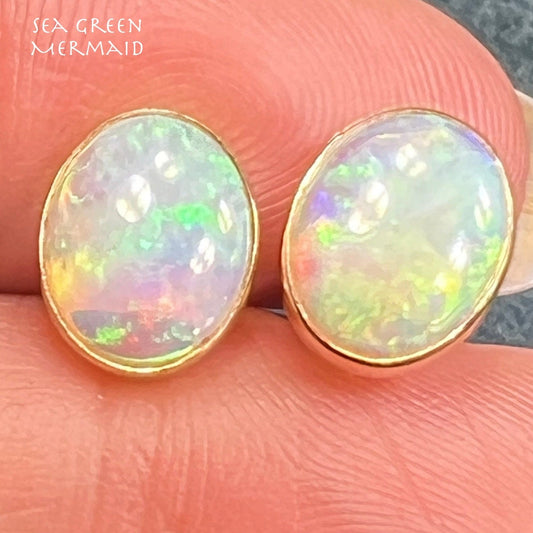 14k Gold Australian Jelly Opal Oval Bezel-Set Earrings *Video*