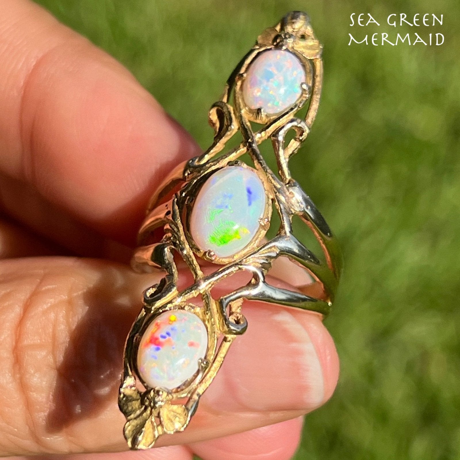 14k Gold Australian Opal Art Nouveau Navette Ring. 2" + 7g *Video*