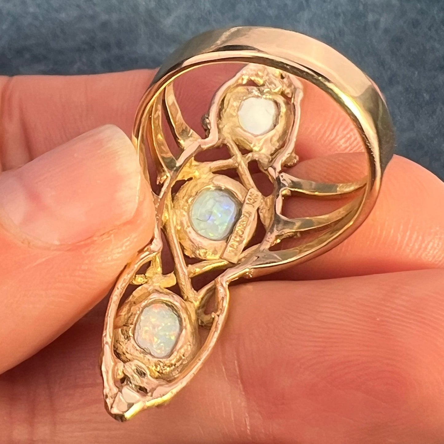 14k Gold Australian Opal Art Nouveau Navette Ring. 2" + 7g *Video*