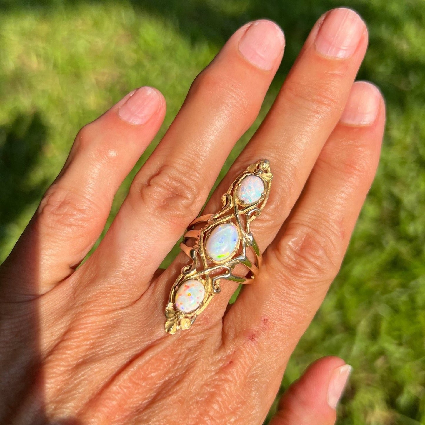 14k Gold Australian Opal Art Nouveau Navette Ring. 2" + 7g *Video*