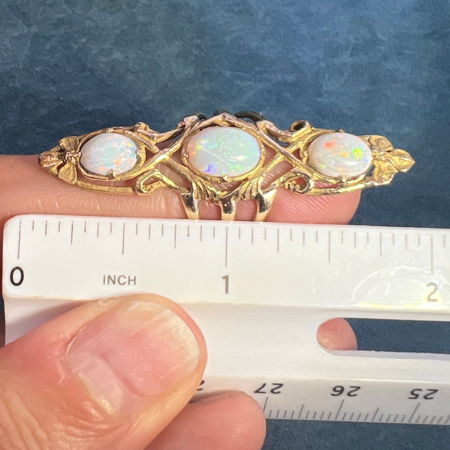 14k Gold Australian Opal Art Nouveau Navette Ring. 2" + 7g *Video*