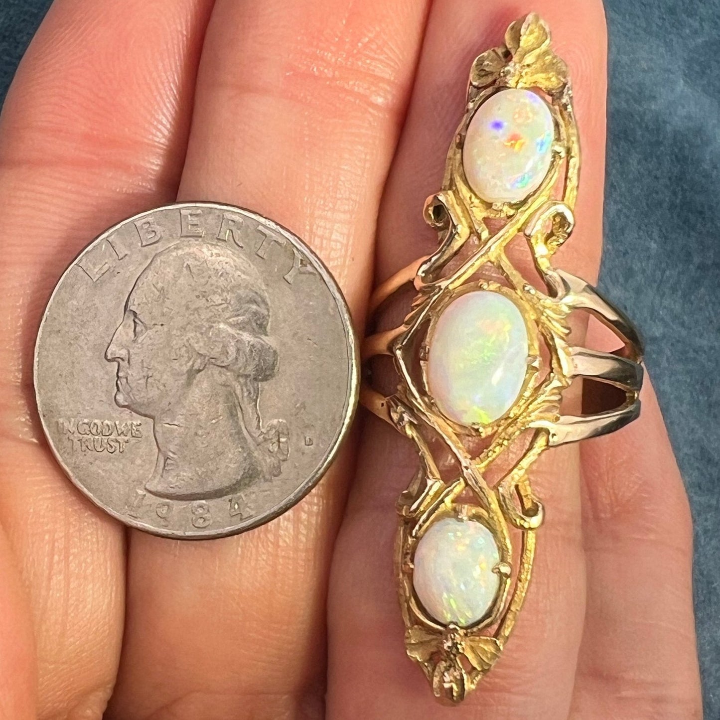 14k Gold Australian Opal Art Nouveau Navette Ring. 2" + 7g *Video*