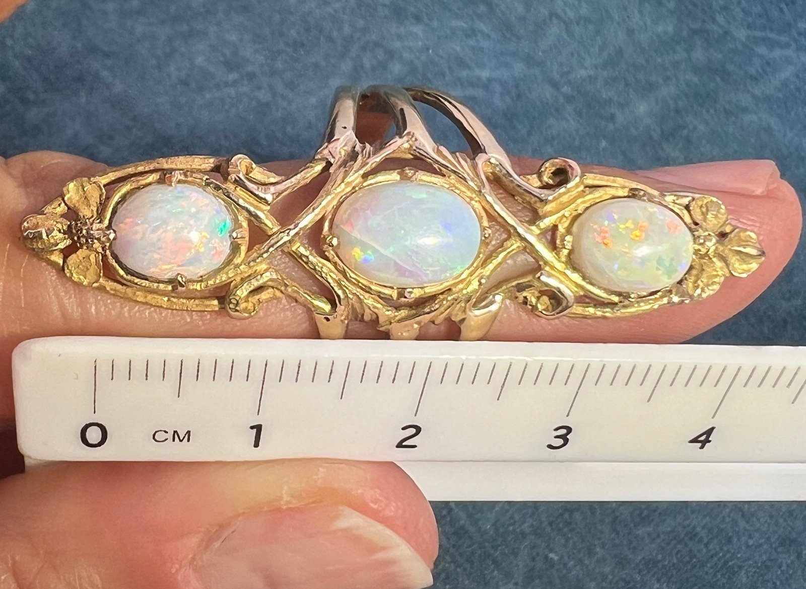 14k Gold Australian Opal Art Nouveau Navette Ring. 2" + 7g *Video*