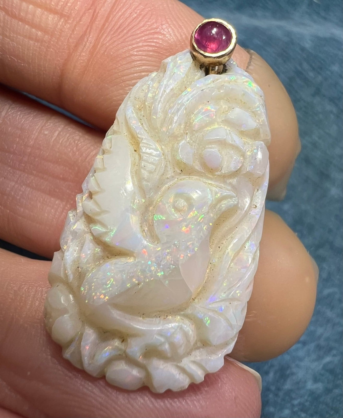 14k Gold Australian Opal Carved Song Bird Pendant *Video* 1.5"
