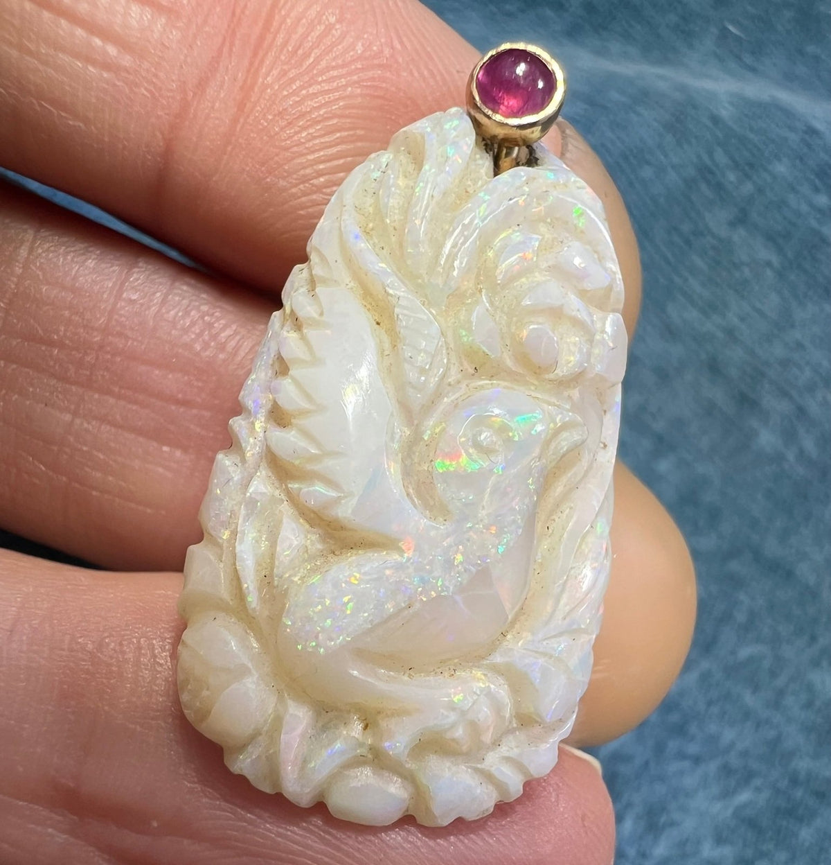 14k Gold Australian Opal Carved Song Bird Pendant *Video* 1.5"