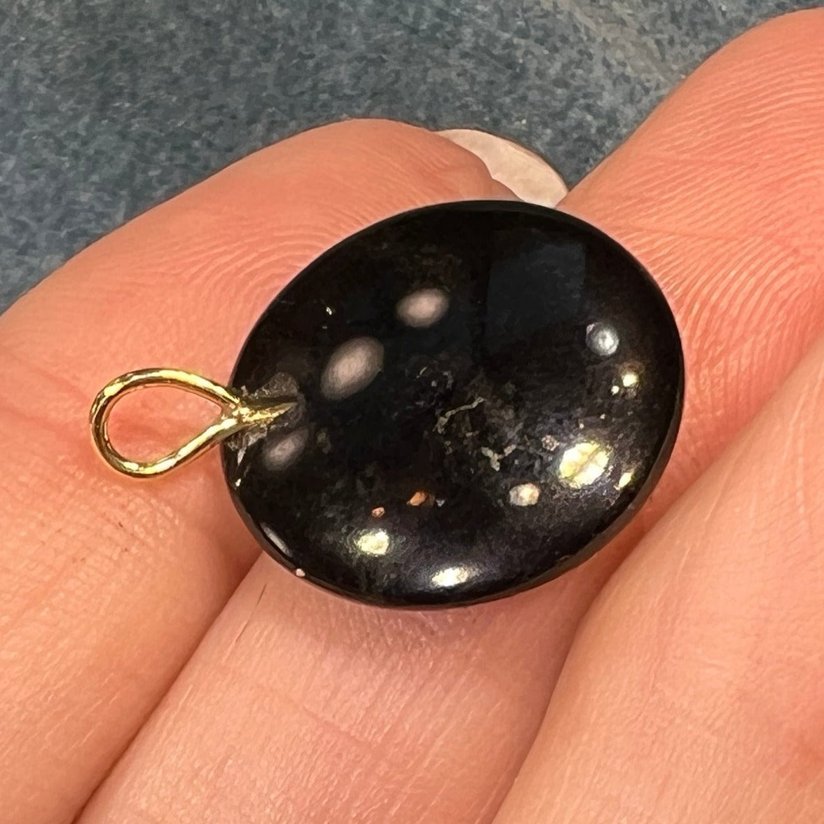 14k Gold Australian Opal Crescent MOON in Onyx Disk Pendant. 1"