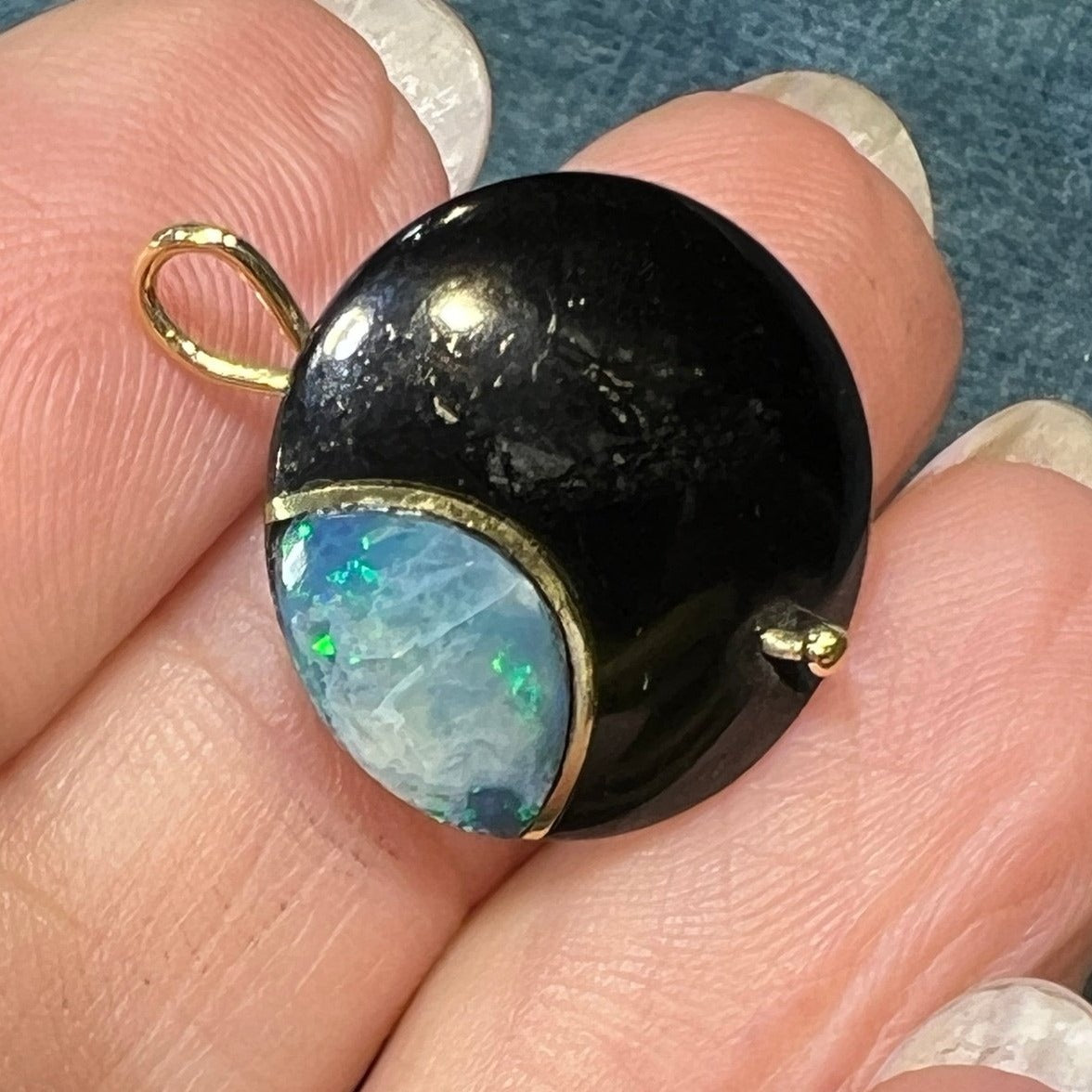 14k Gold Australian Opal Crescent MOON in Onyx Disk Pendant. 1"