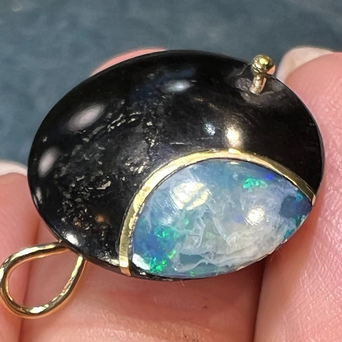 14k Gold Australian Opal Crescent MOON in Onyx Disk Pendant. 1"