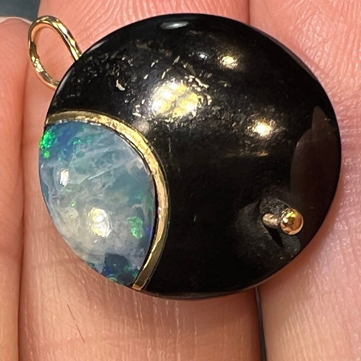 14k Gold Australian Opal Crescent MOON in Onyx Disk Pendant. 1"