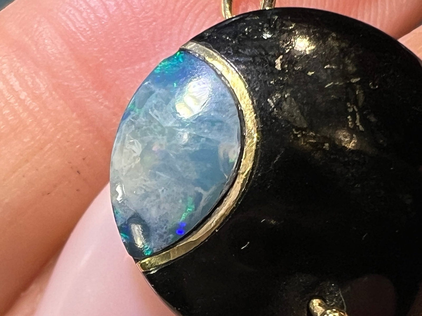 14k Gold Australian Opal Crescent MOON in Onyx Disk Pendant. 1"