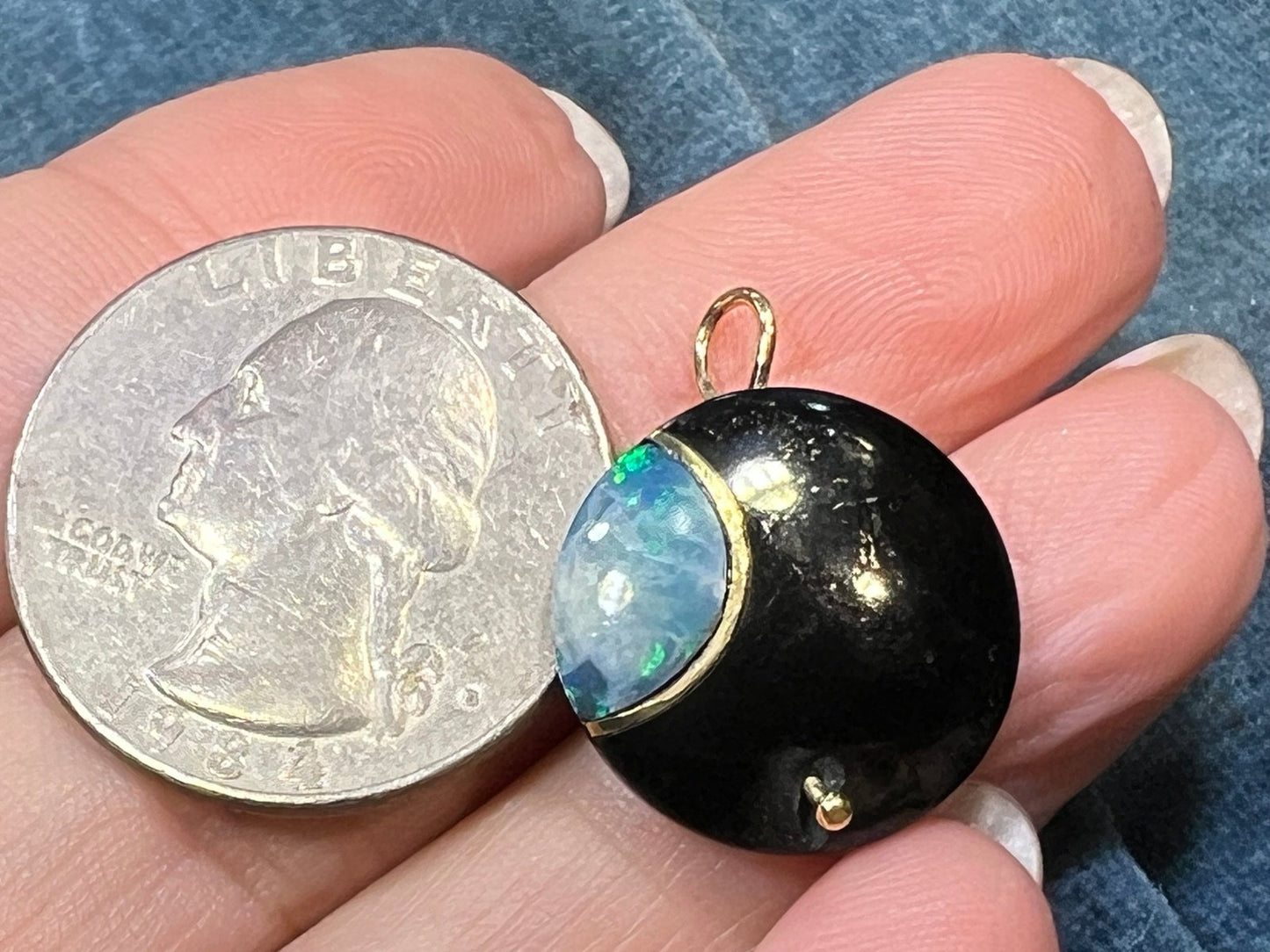 14k Gold Australian Opal Crescent MOON in Onyx Disk Pendant. 1"