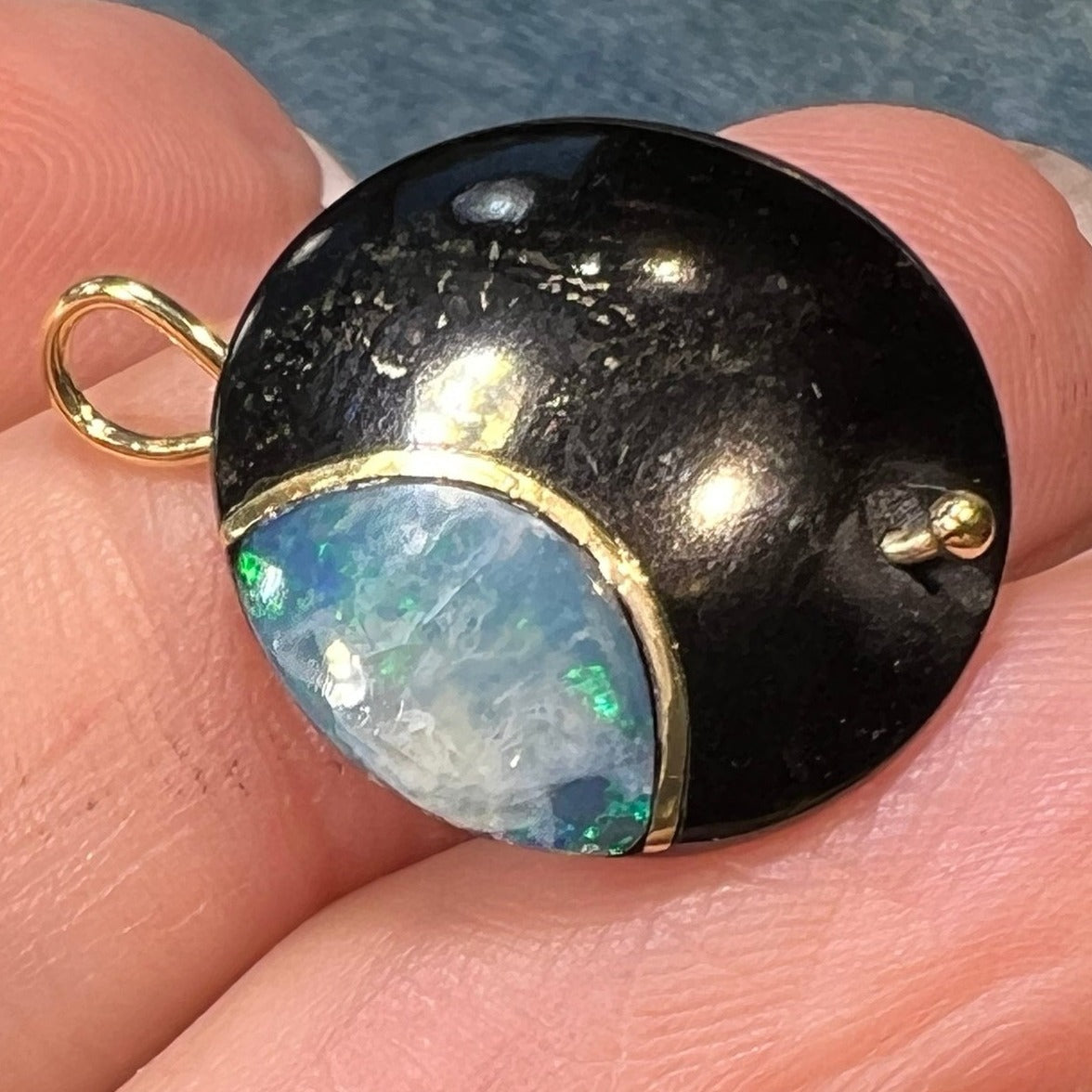 14k Gold Australian Opal Crescent MOON in Onyx Disk Pendant. 1"