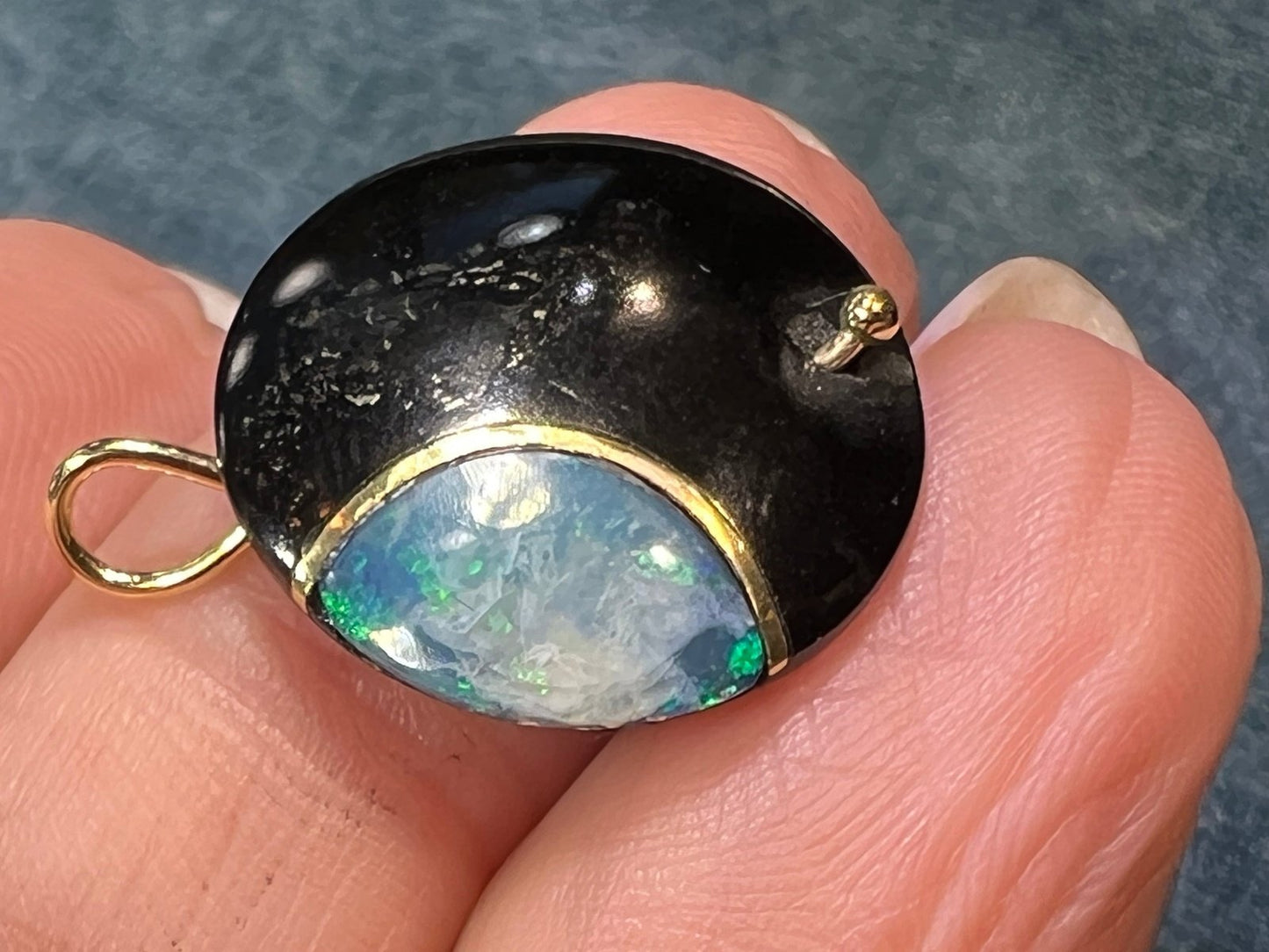 14k Gold Australian Opal Crescent MOON in Onyx Disk Pendant. 1"