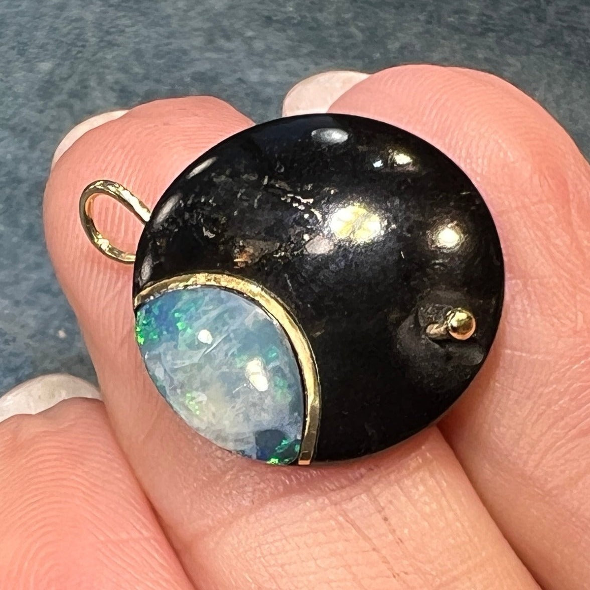 14k Gold Australian Opal Crescent MOON in Onyx Disk Pendant. 1"