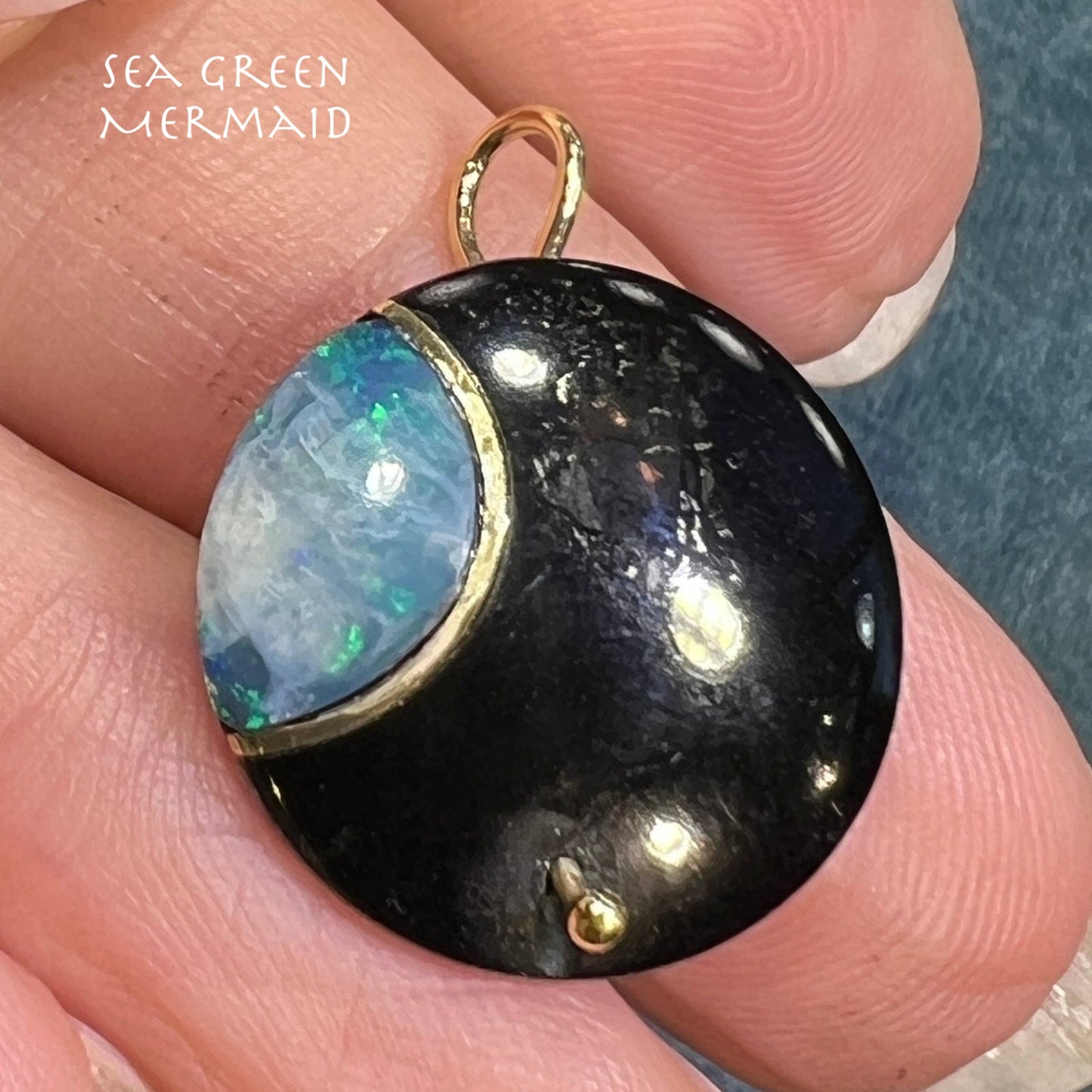 14k Gold Australian Opal Crescent MOON in Onyx Disk Pendant. 1"