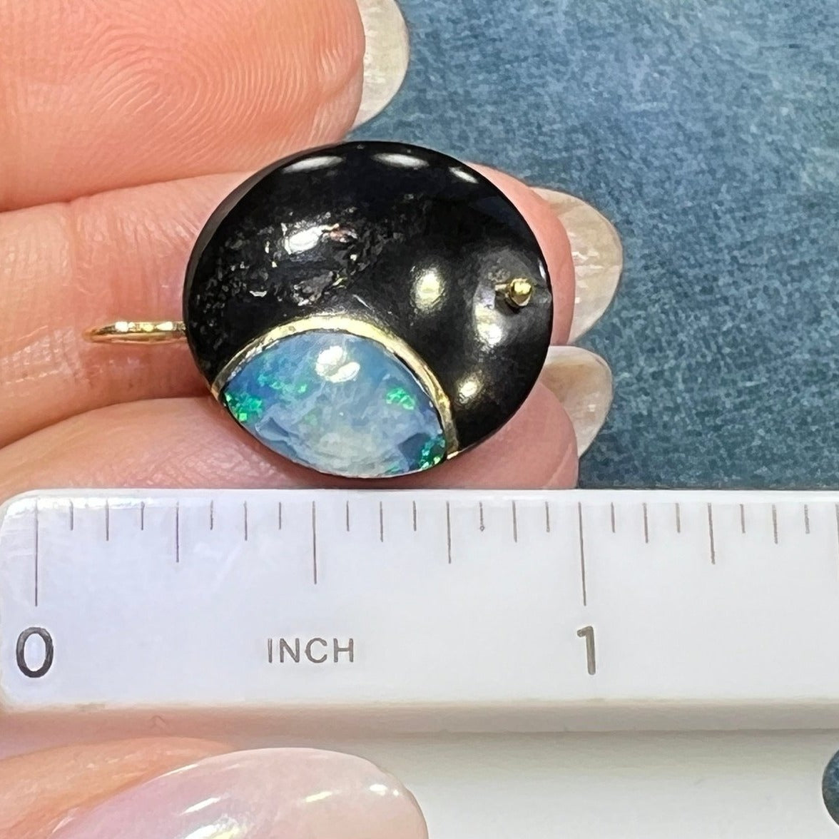 14k Gold Australian Opal Crescent MOON in Onyx Disk Pendant. 1"