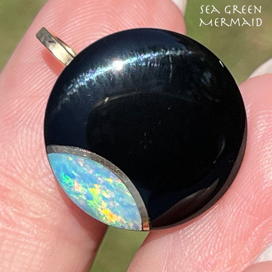 14k Gold Australian Opal Crescent MOON in Onyx Lunar Pendant **Video** L