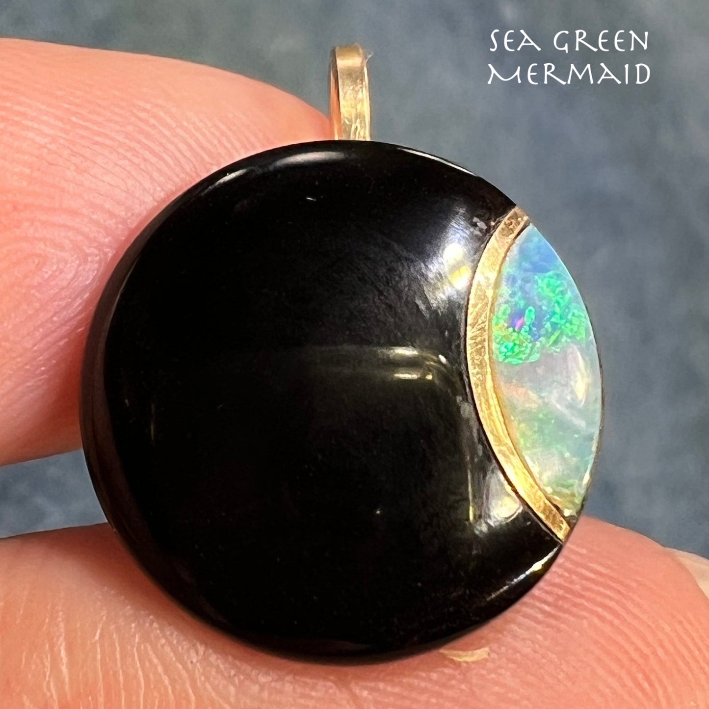 14k Gold Australian Opal Crescent MOON in Onyx Lunar Pendant **Video** R