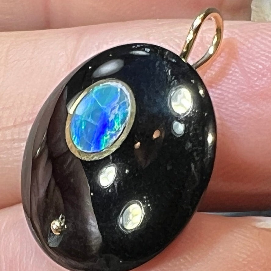 14k Gold Australian Opal MOON in Onyx Disk Pendant *Video*