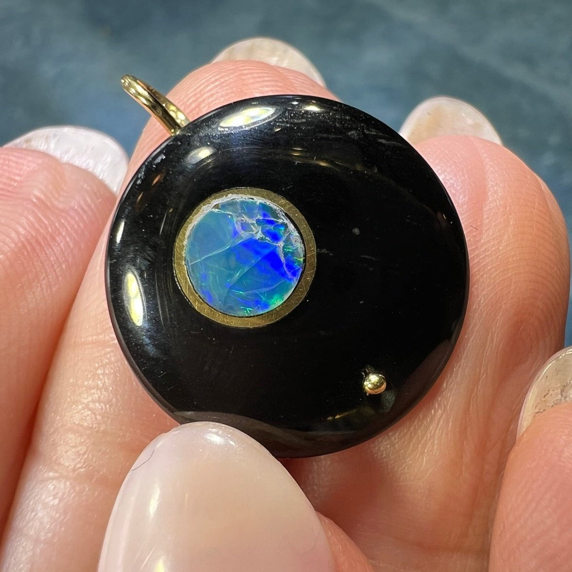 14k Gold Australian Opal MOON in Onyx Disk Pendant *Video*