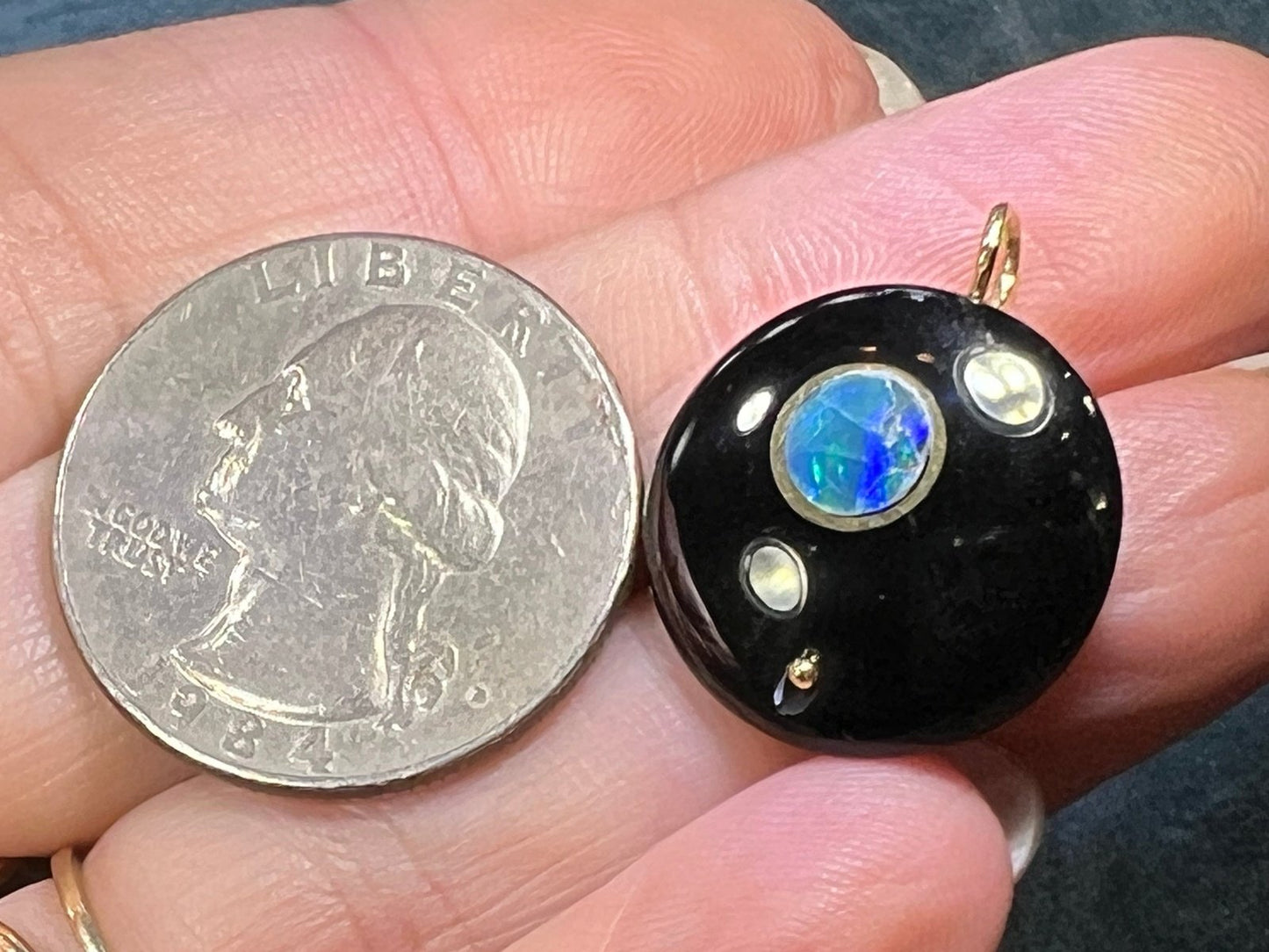 14k Gold Australian Opal MOON in Onyx Disk Pendant *Video*