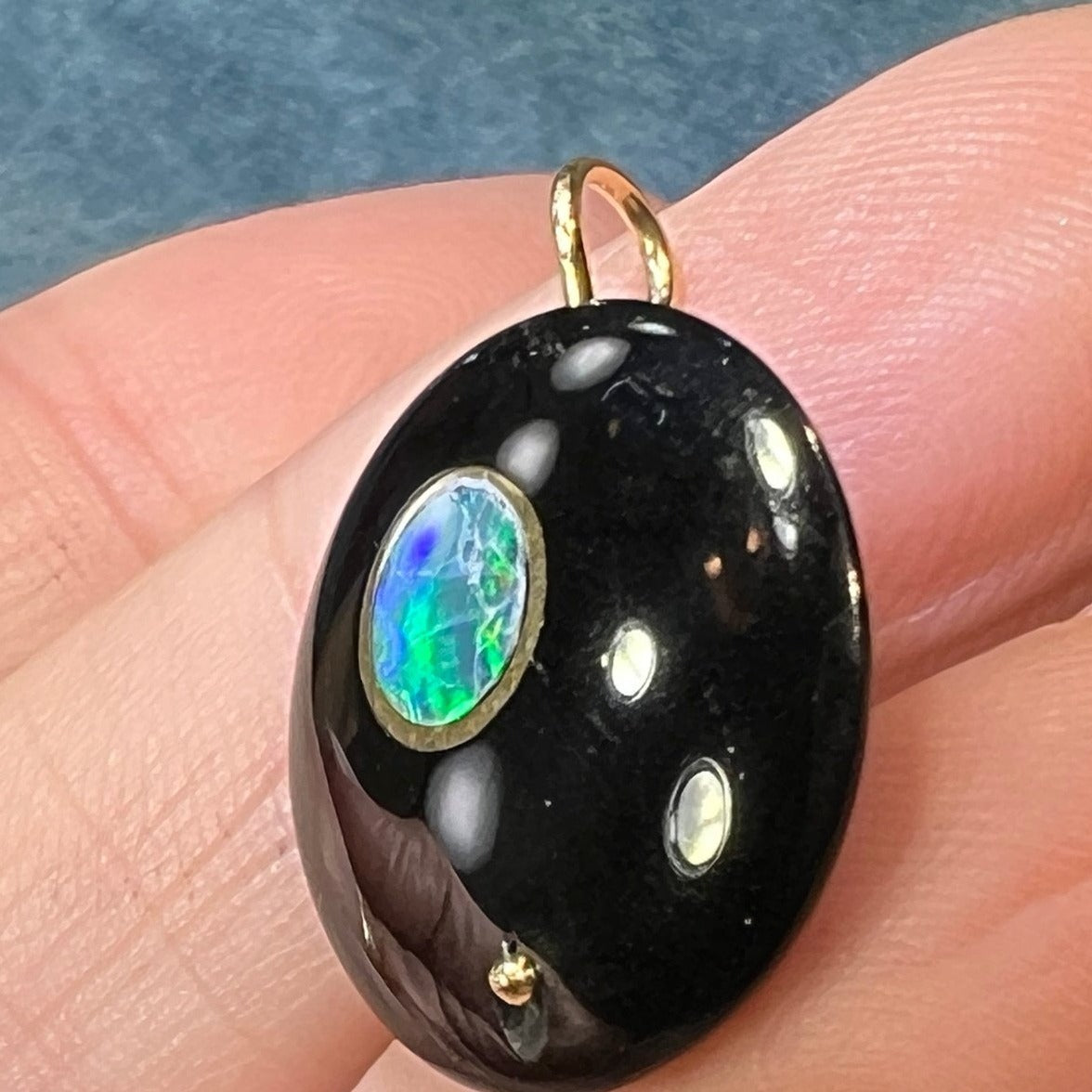 14k Gold Australian Opal MOON in Onyx Disk Pendant *Video*