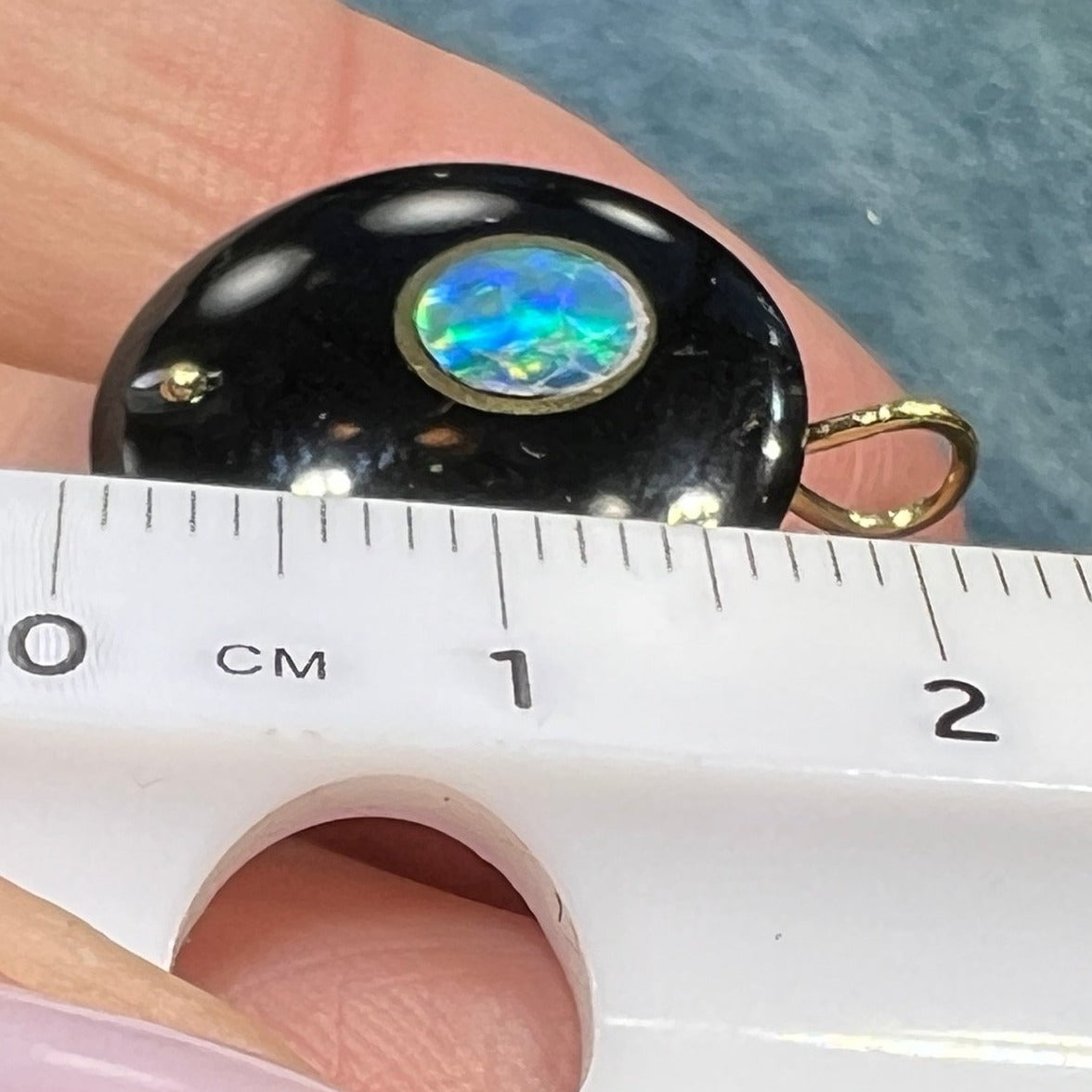 14k Gold Australian Opal MOON in Onyx Disk Pendant *Video*