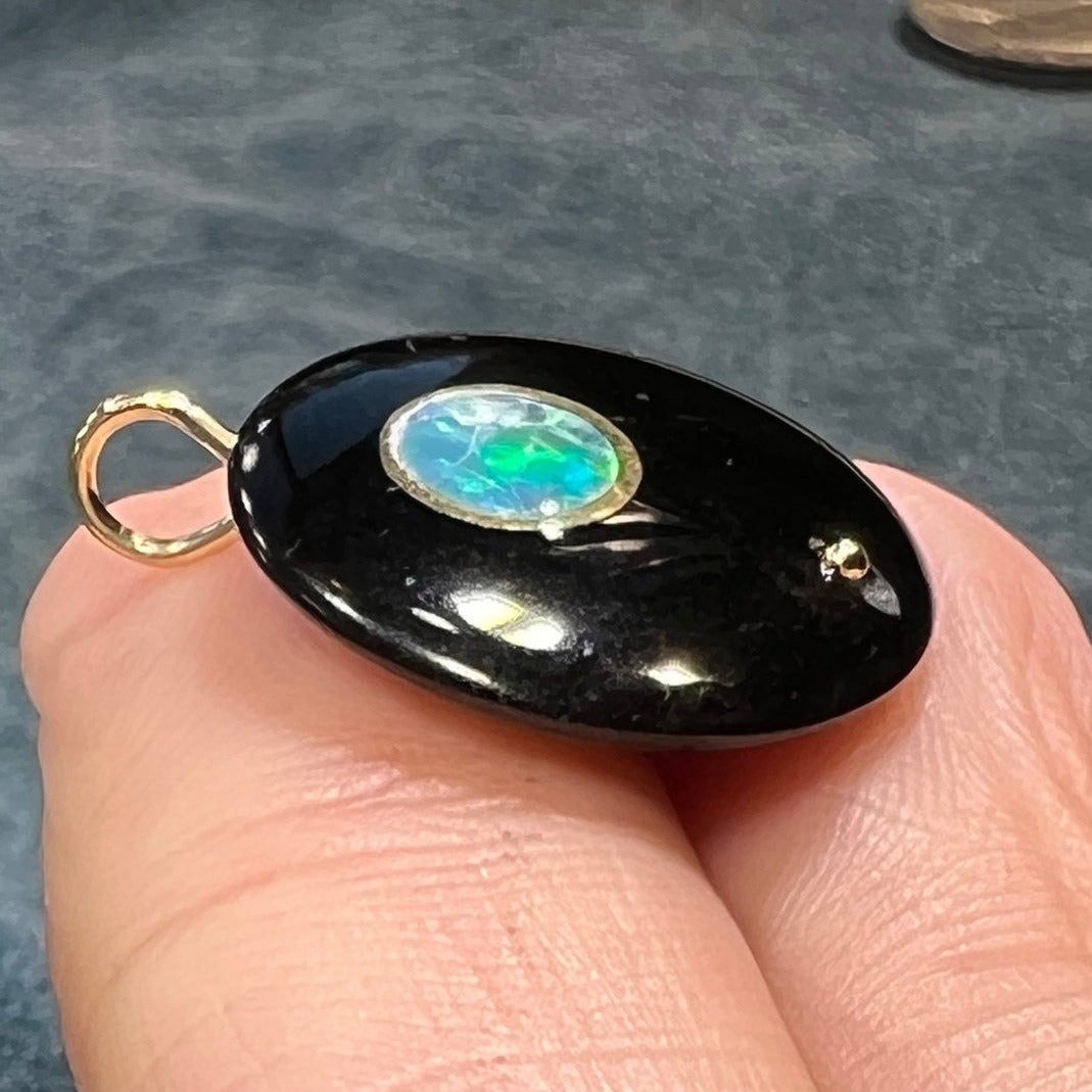 14k Gold Australian Opal MOON in Onyx Disk Pendant *Video*