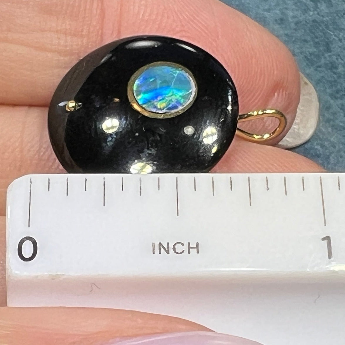 14k Gold Australian Opal MOON in Onyx Disk Pendant *Video*