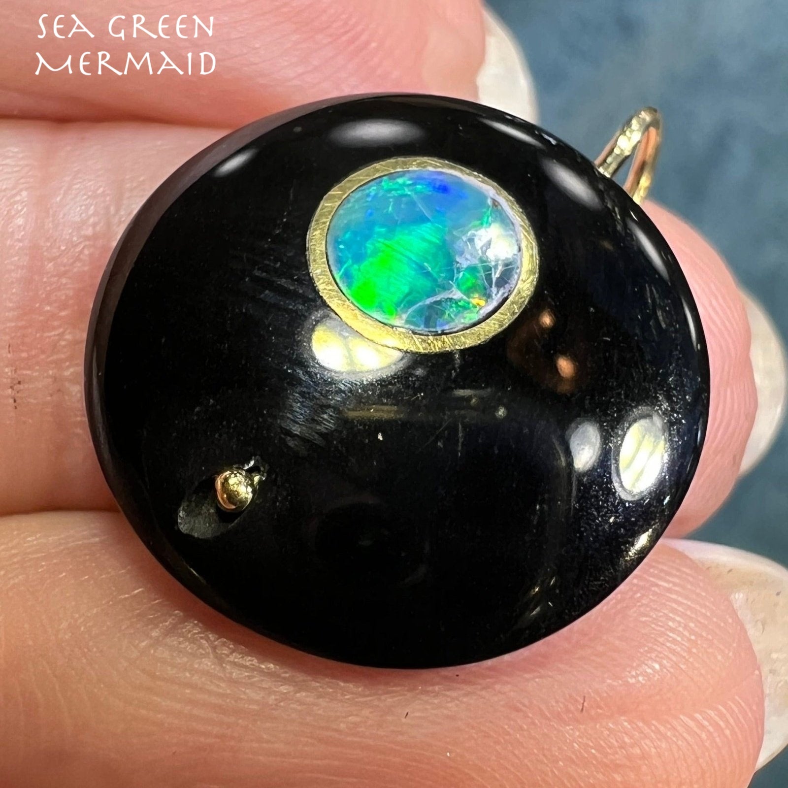 14k Gold Australian Opal MOON in Onyx Disk Pendant *Video*