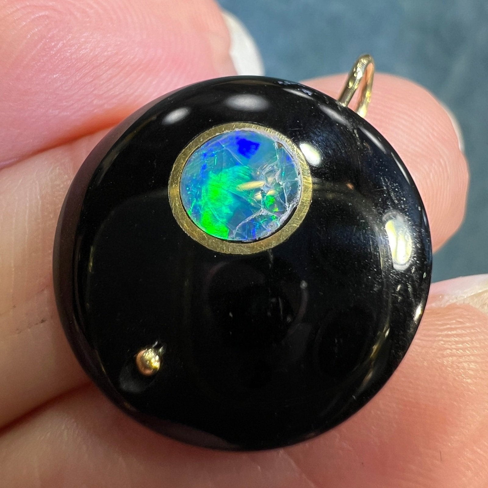 14k Gold Australian Opal MOON in Onyx Disk Pendant *Video*