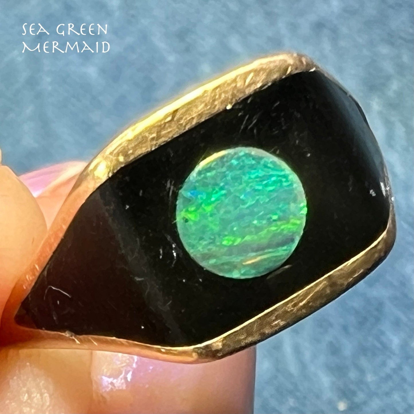 14k Gold Australian Opal + Onyx Full MOON in Lunar Signet Ring *Video*