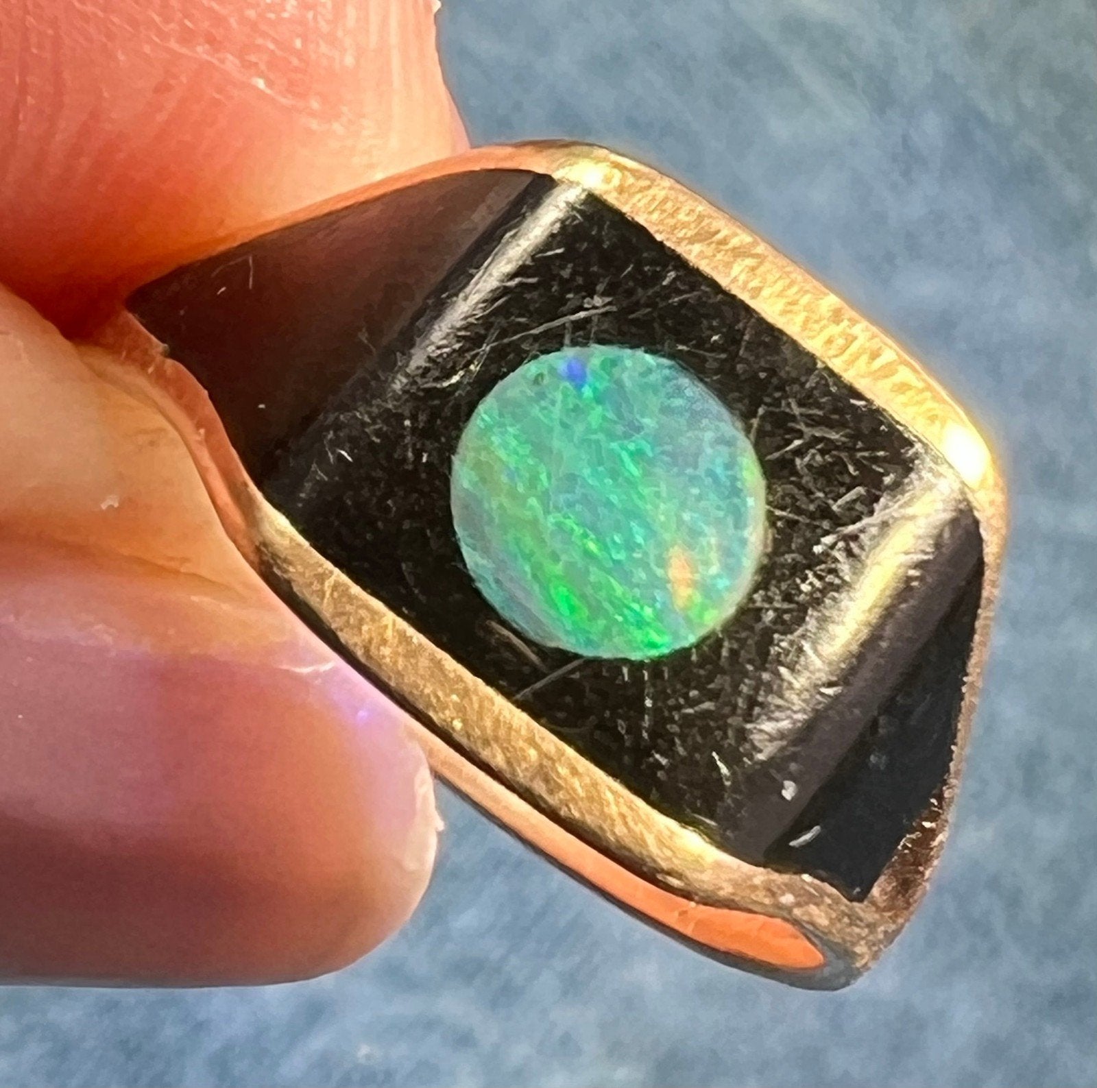 14k Gold Australian Opal + Onyx Full MOON in Lunar Signet Ring *Video*