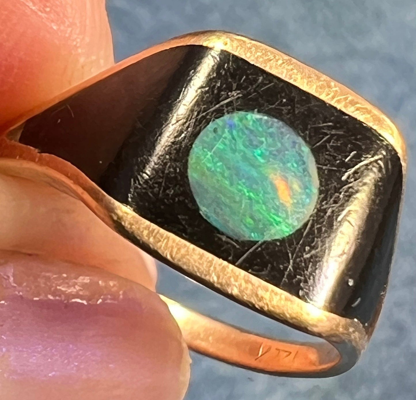 14k Gold Australian Opal + Onyx Full MOON in Lunar Signet Ring *Video*