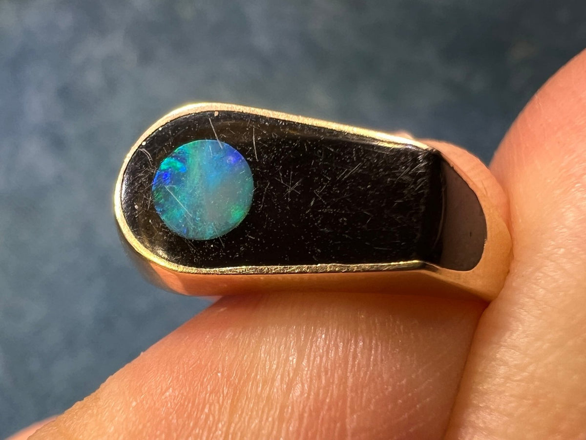 14k Gold Australian Opal + Onyx Lunar Ring. MCM Modern *Video*