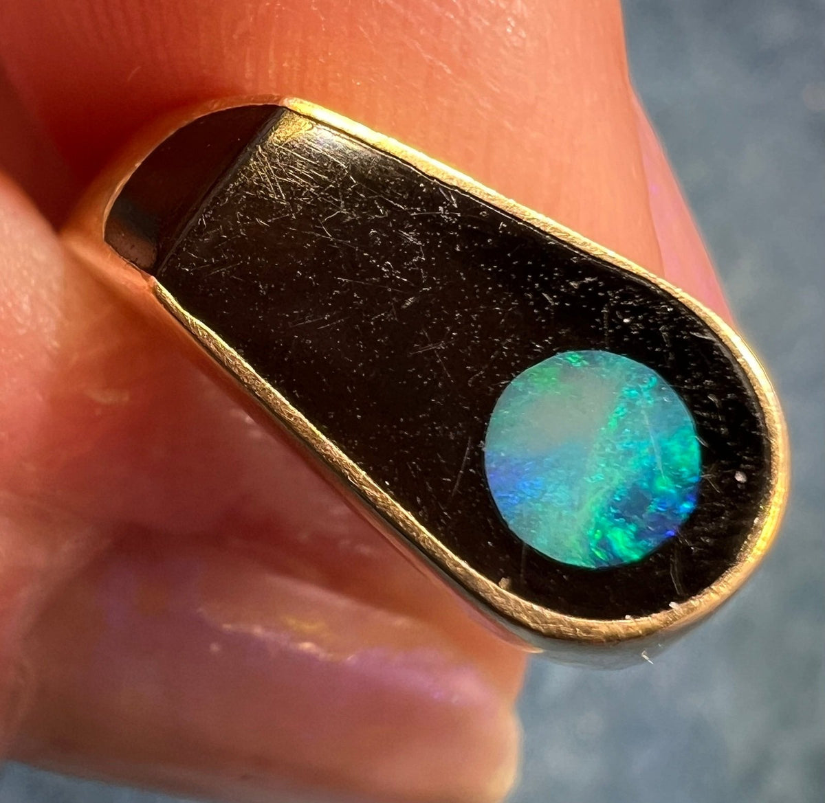 14k Gold Australian Opal + Onyx Lunar Ring. MCM Modern *Video*