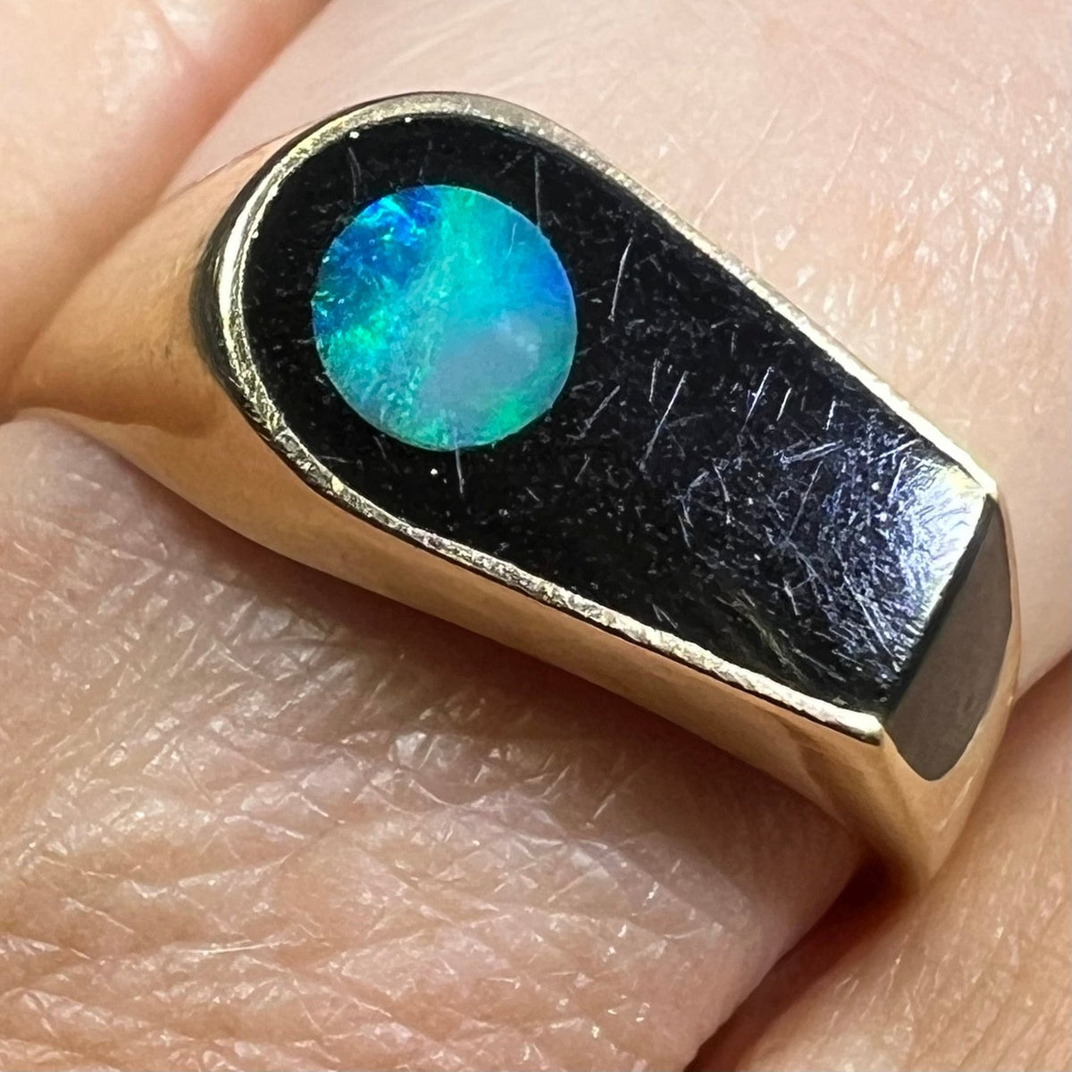 14k Gold Australian Opal + Onyx Lunar Ring. MCM Modern *Video*