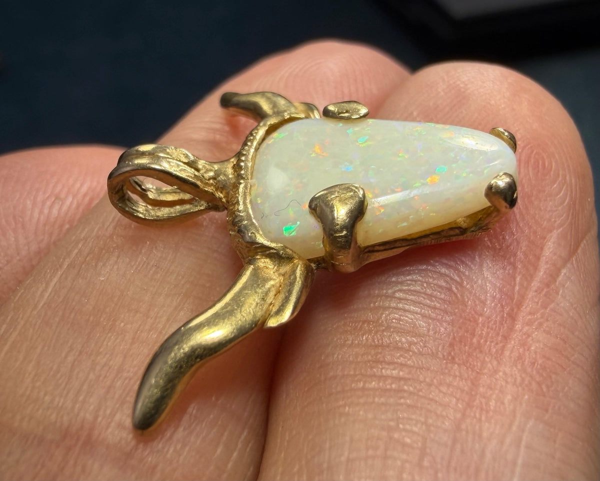 14k Gold Australian Opal TEXAS Longhorn Steer Pendant. OOAK *Video*
