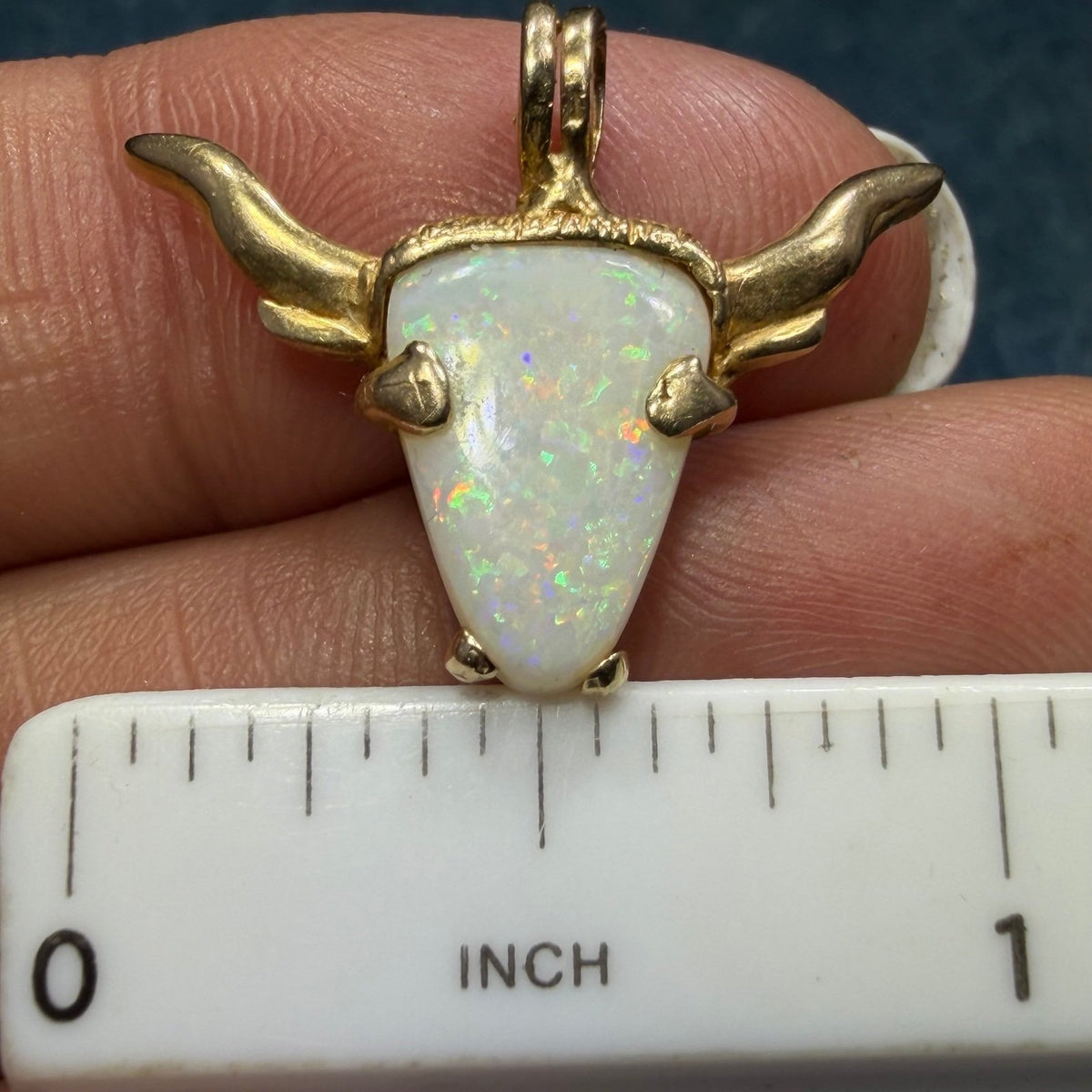 14k Gold Australian Opal TEXAS Longhorn Steer Pendant. OOAK *Video*