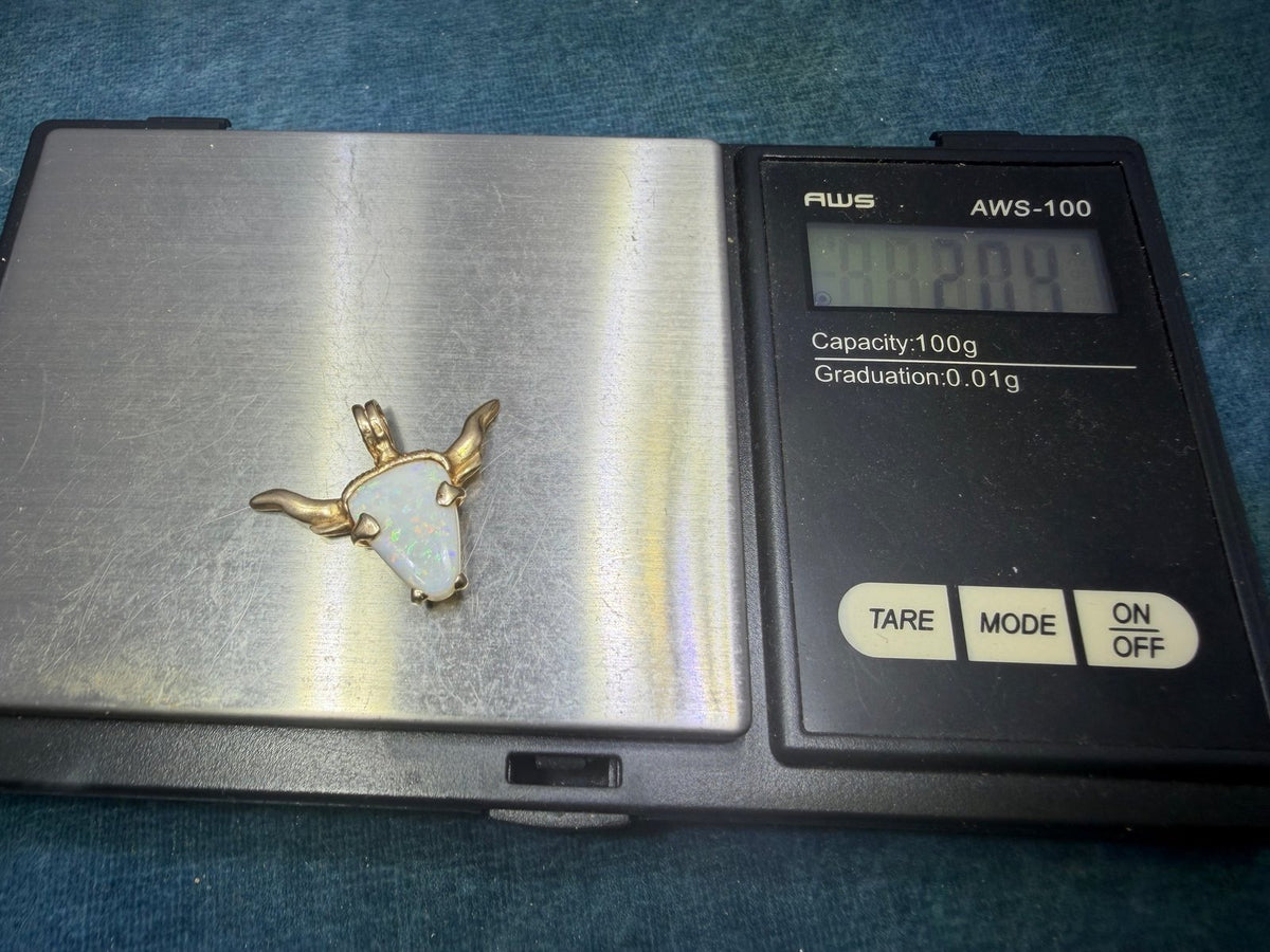 14k Gold Australian Opal TEXAS Longhorn Steer Pendant. OOAK *Video*