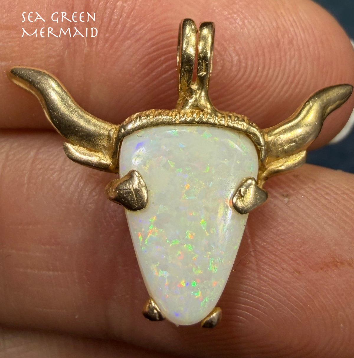 14k Gold Australian Opal TEXAS Longhorn Steer Pendant. OOAK *Video*