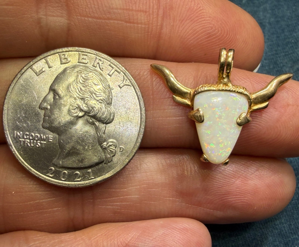14k Gold Australian Opal TEXAS Longhorn Steer Pendant. OOAK *Video*