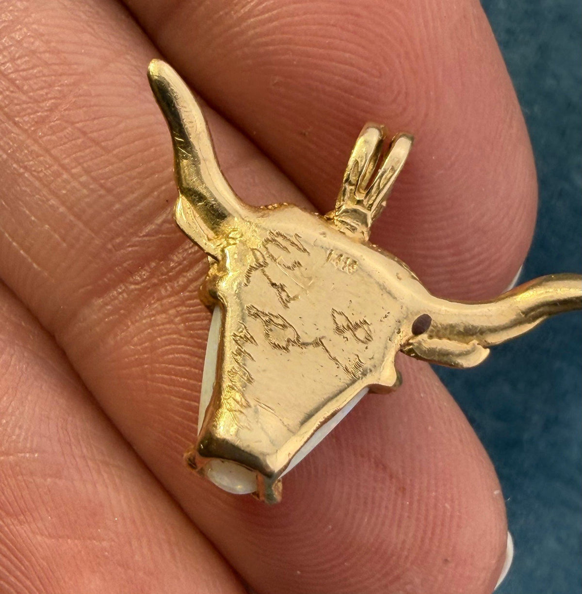14k Gold Australian Opal TEXAS Longhorn Steer Pendant. OOAK *Video*