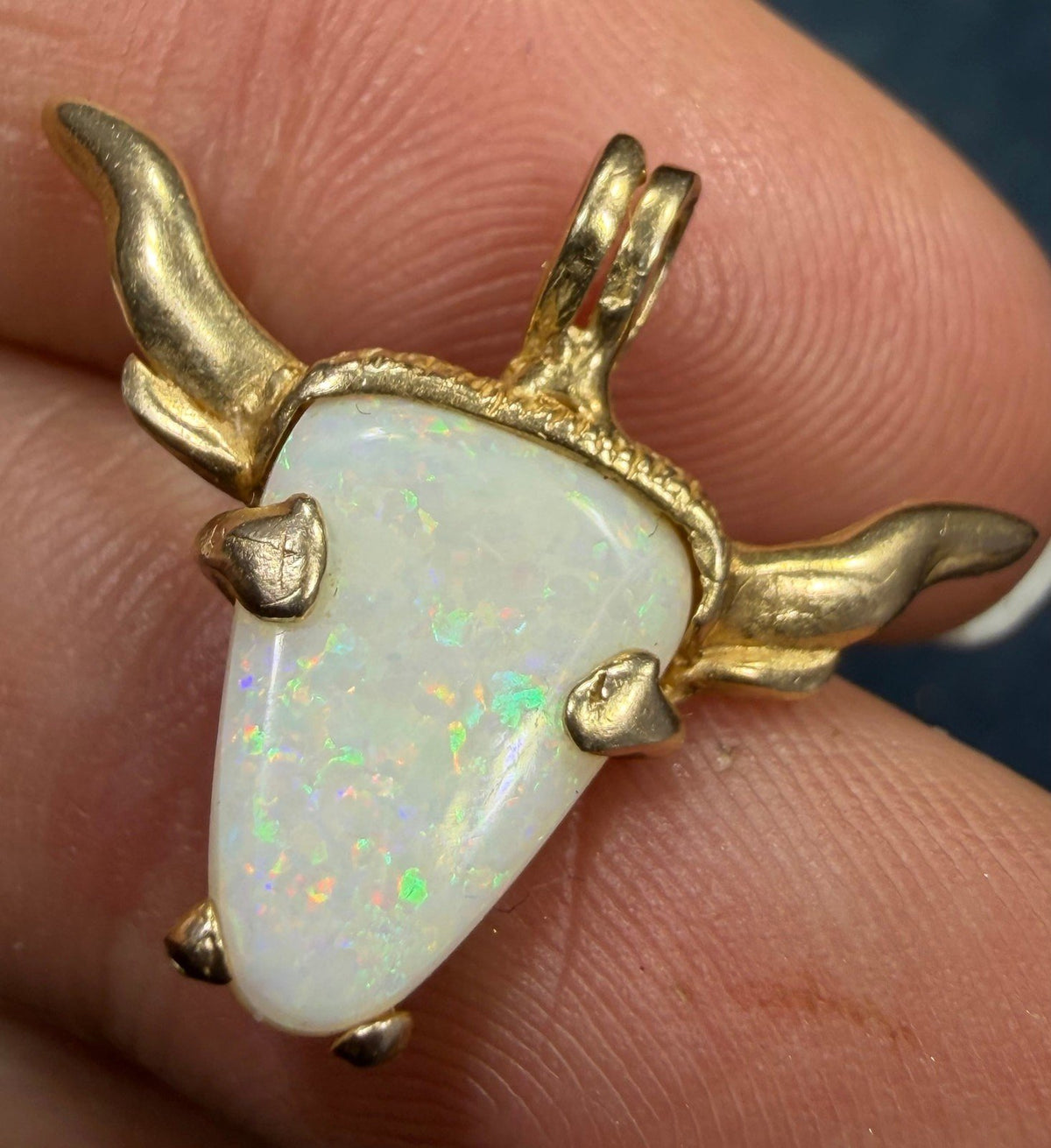 14k Gold Australian Opal TEXAS Longhorn Steer Pendant. OOAK *Video*