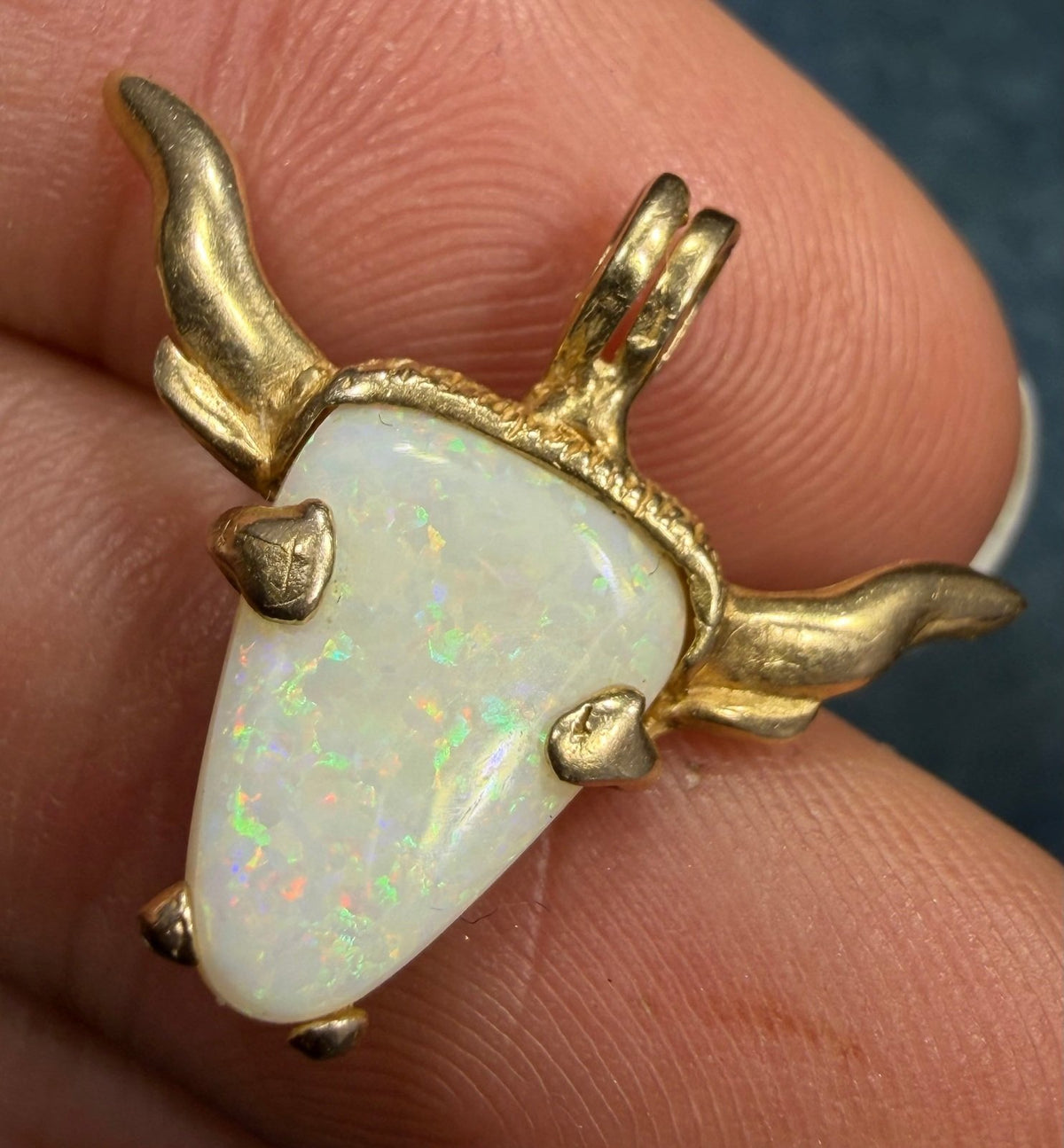 14k Gold Australian Opal TEXAS Longhorn Steer Pendant. OOAK *Video*