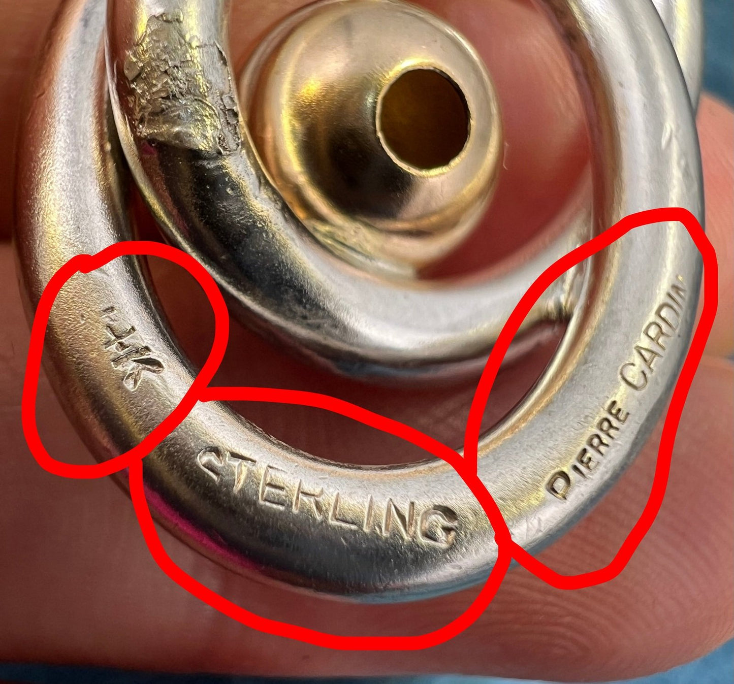 14k Gold Ball in Silver MCM Modernist Swirl Pendant. Pierre Cardin - R