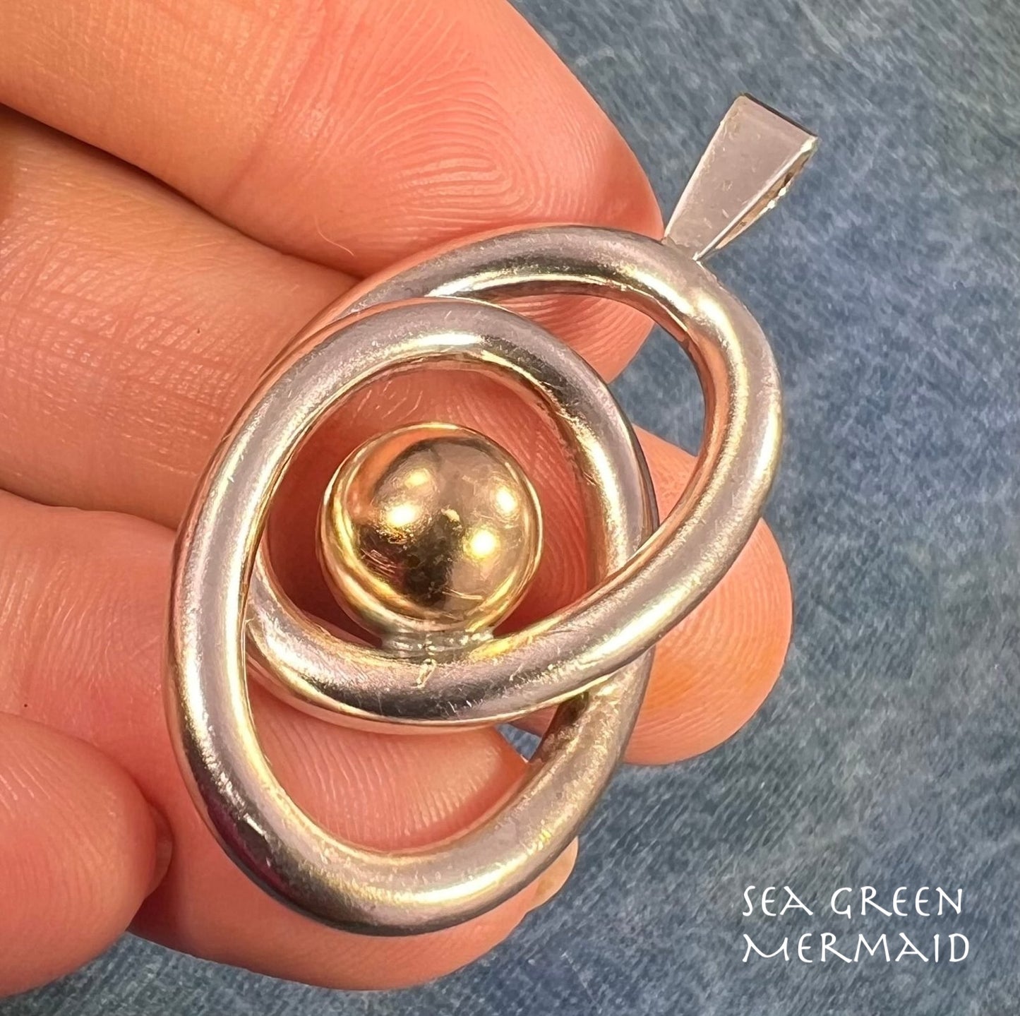 14k Gold Ball in Silver MCM Modernist Swirl Pendant. Pierre Cardin - L