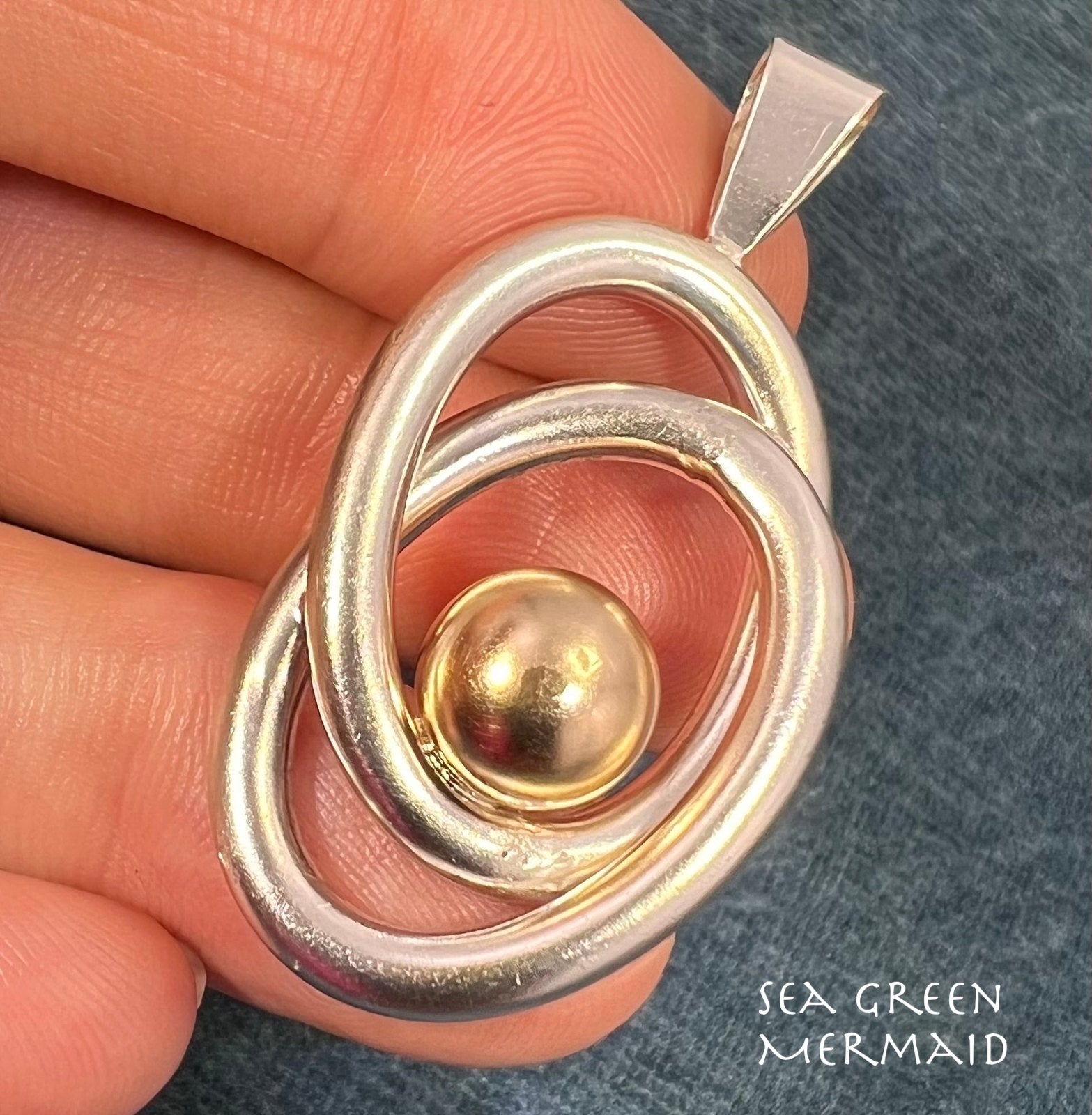 14k Gold Ball in Silver MCM Modernist Swirl Pendant. Pierre Cardin - R