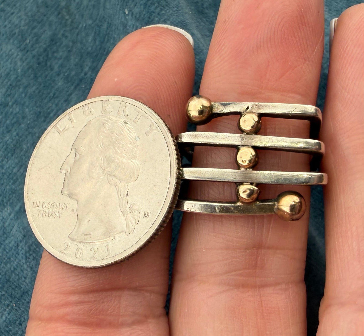14k Gold Balls on 925 Wide Square Coil Ring. MCM Modernist Artisan